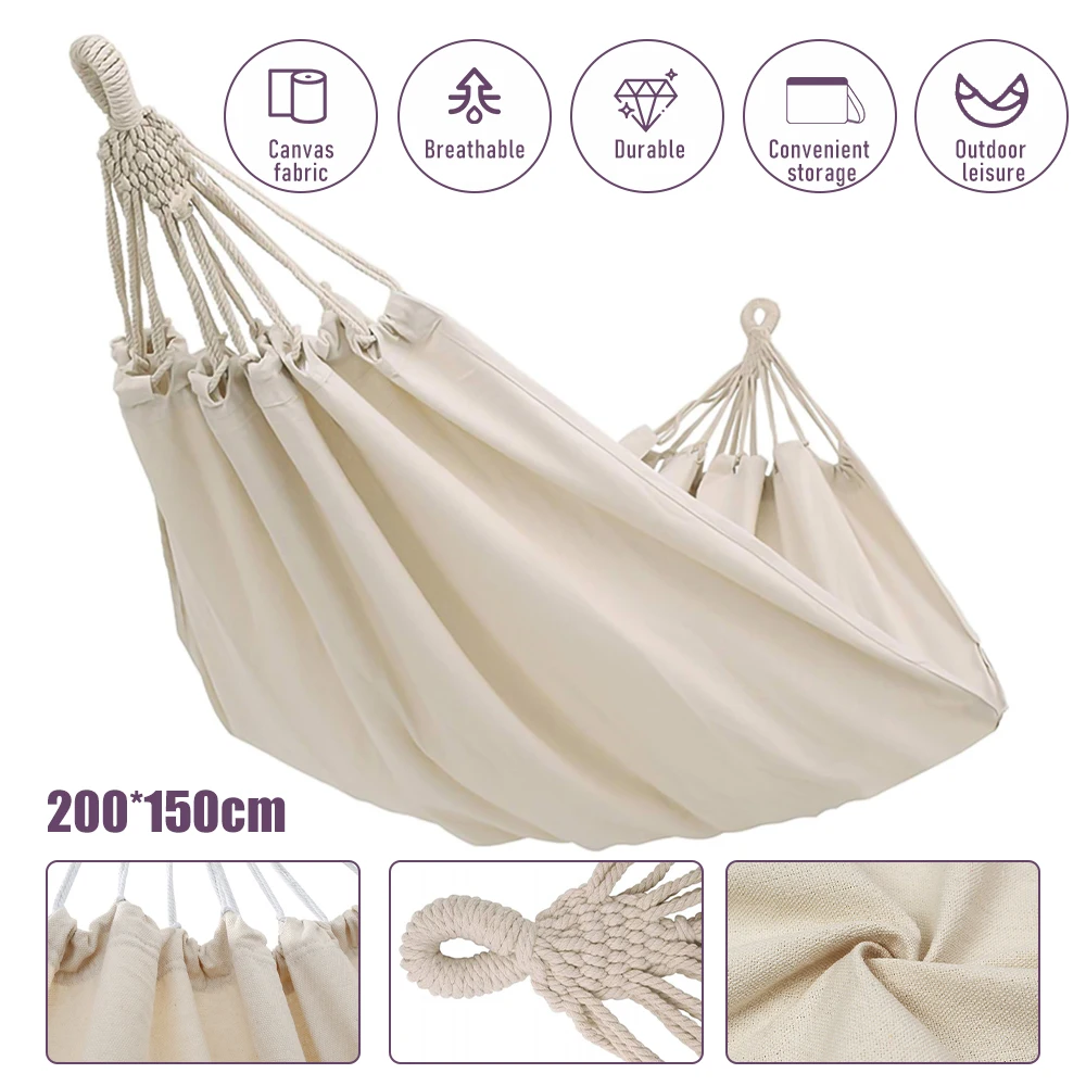 150*190CM Camping Hammock Canvas Hanging Bed Without Stick White Double Chair Swing Sleeping Bed for Travel Rollover Prevention 2