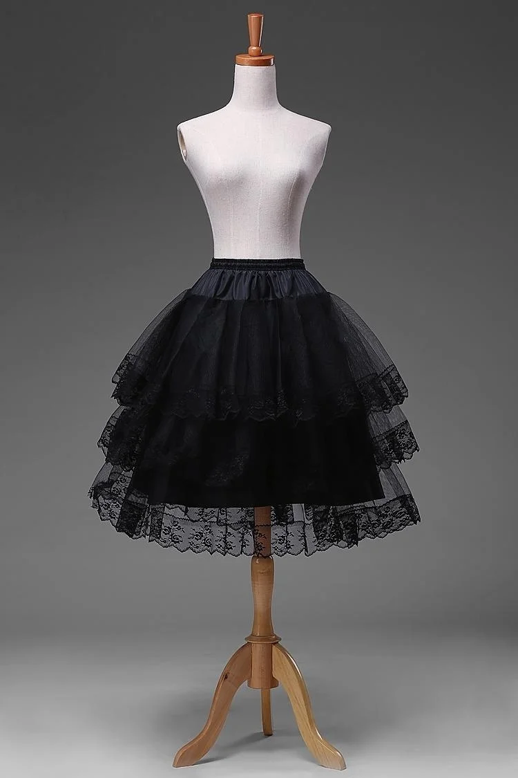 Black  Knee Length Lace Edge Hoopless Shortskirts Crinoline Petticoat