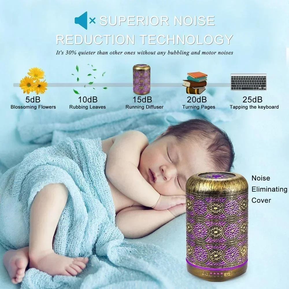 금속 아로마테라피 기계 260ml 에센셜 오일 디퓨저 공기 가습기 7색 야간 조명 자동 꺼짐 타이머 사무실 침실용