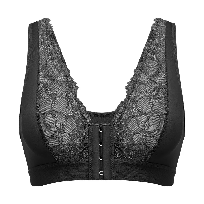 Hot Sale Floral lace-up sheer breathable sports bra with front fastening and side support for women wire free bra