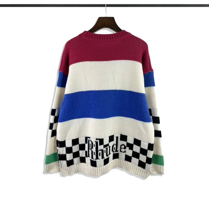 

2023 Striped Rhude Logo Sweater Men Women Best Quality Patchwork Checkerboard Srid Rhude Sweatshirts