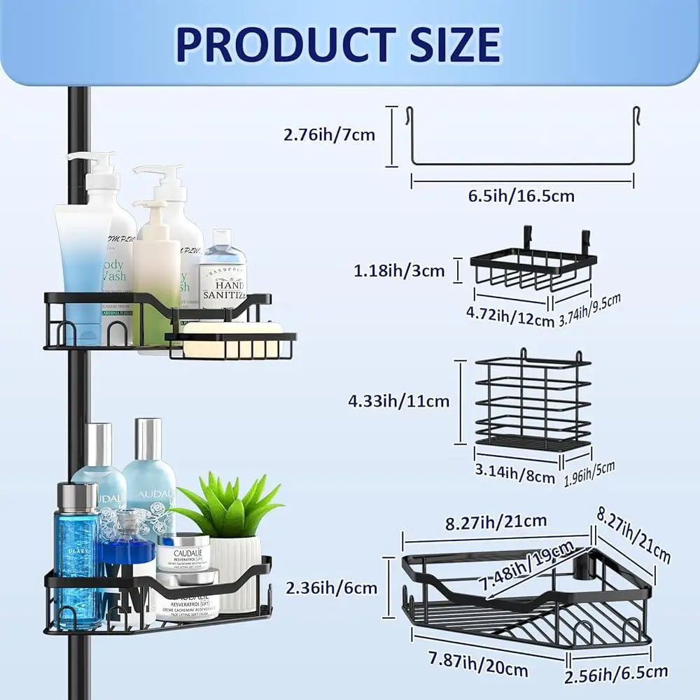 Adjustable 4 Tier Corner Shower Caddy Tension Pole Rustproof Floor Standing Bath Organizer with Towel Rack and Hanging Loops 6