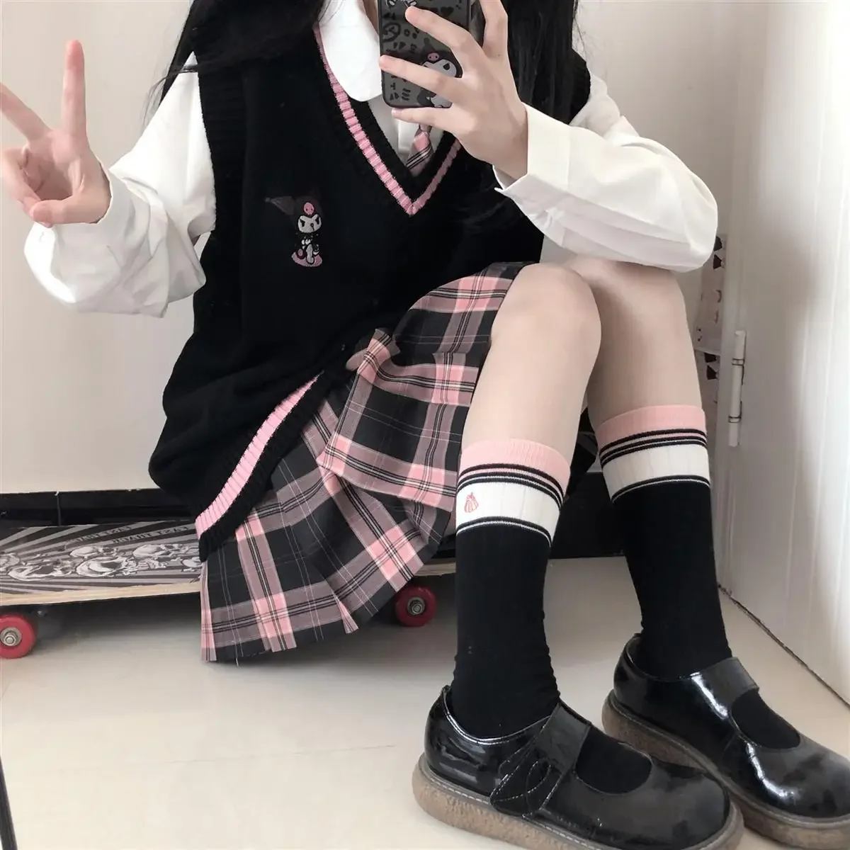 Japanese cute Sanrio Kuromi women sweater college style uniform knit sweater vest loose My Melody girl sweet sleeveless women sweater