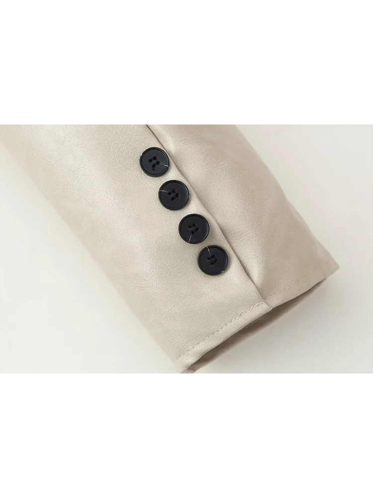 New Women PU Leather Jacket Autumn Spring Fashion Long Sleeve Lapel Collar Button Up Cropped Coats Slim Fit Streetwear Blazer
