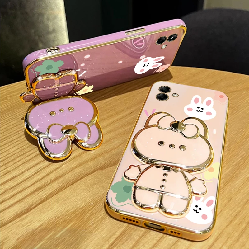 Charming Floral Strap Makeup Mirror Phone Holder Case with Cute Rabbit Design - Perfect