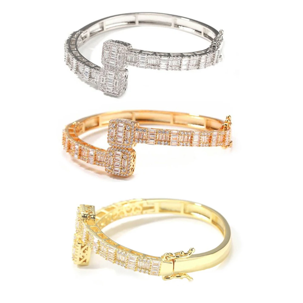 Metal Bracelet Gold Color Opened Square Cubic Zircon Charm Bracelet Iced Out Bling CZ For Men Women Luxury