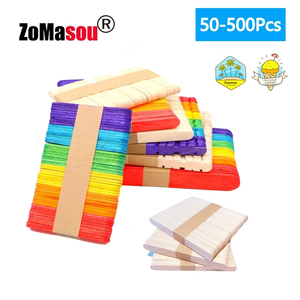 50/100/500Pcs Ice Cream Popsicle Sticks Natural Wooden Sticks Ice Cream Spoon Hand Crafts Art Ice Cream Lolly Kitchen Cake Tools