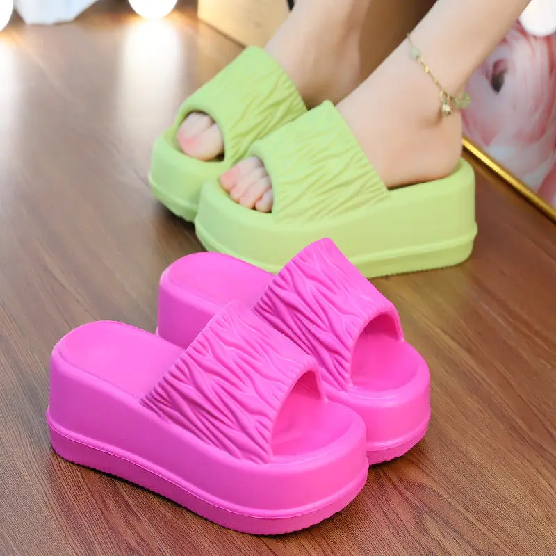 Summer high wedge sandals women's 7cm chunky heel mules women candy color slippers white mules house shoes woman outdoor slipper