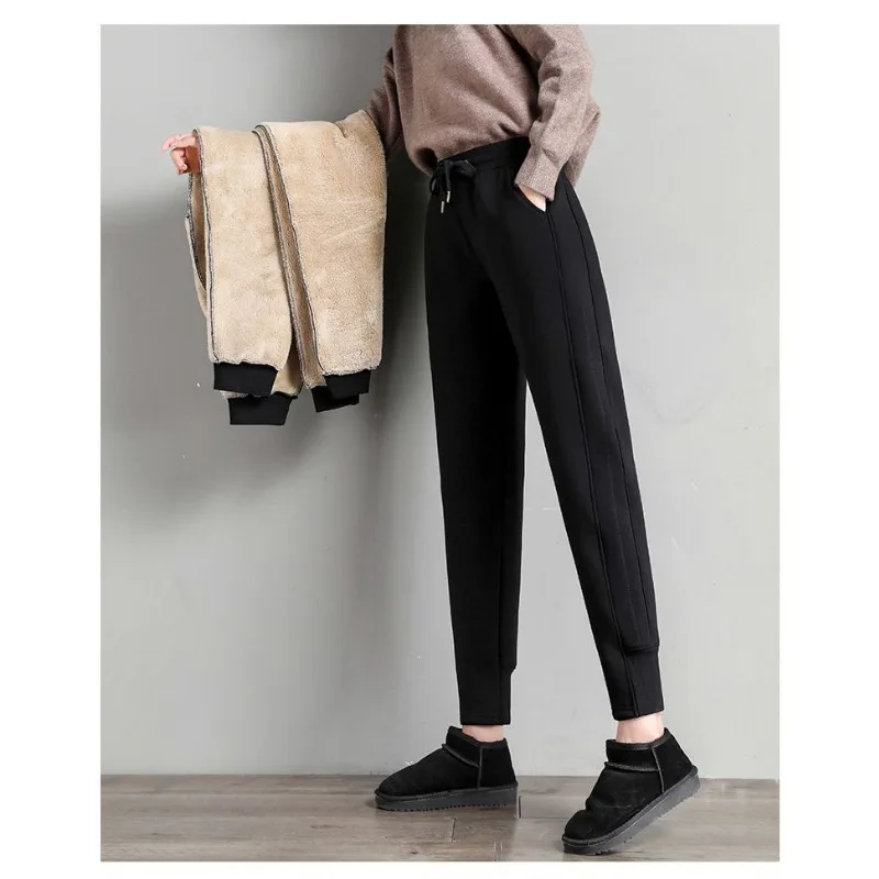 2023 New Winter Autumn Plus Velvet Padded Sweatpants Women Loose Leg-binding Lambswool Sports Wearing Casual Slim Warm Pants