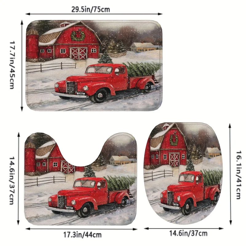 3-piece Christmas tree truck pattern bathroom anti slip mat set, bathtub anti slip mat bathroom carpet, toilet U-shaped mat, toi