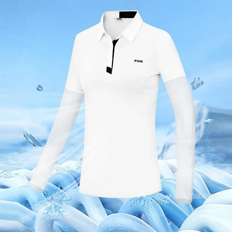 Pgm Golf Apparel Women Summer Ice Silk Cool Sunscreen Shirt Anti-UV Long Sleeved Golf Ball Top Lady Polo Neck Sportswear