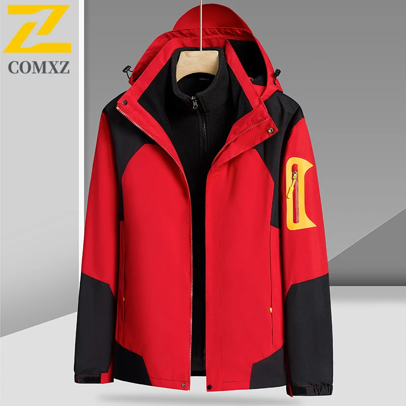 Winter 3-in-1 Detachable Men's Thermal Jacket  Lined Waterproof Windproof Hiking Coat with Hood Outdoor Camping  Fishing Parka