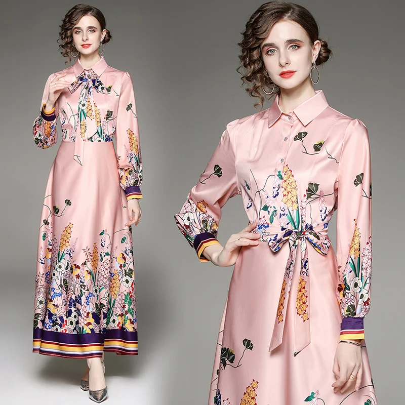 

Women Long Sleeve Tie Belt High Waist Turn Down Collar Dress