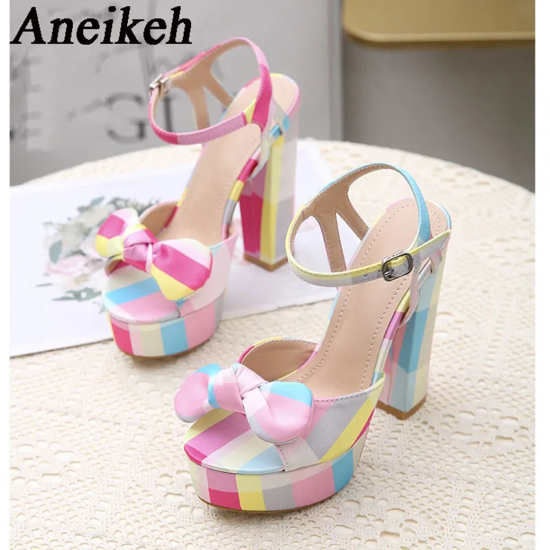

Aneikeh 2024 Sexy Silk Plaid Super High Heels Women's Round Toe Butterfly Knot Decor Buckle Strap Thick Heel Sandals Party Dress