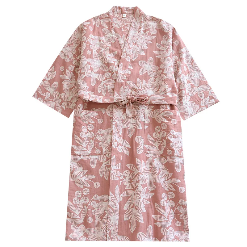 Women's Pure Cotton Gauze Pajamas Thin Jacquard Bathrobes Autumn Long Sleeve Japanese Kimono Robe Loose and Casual Home Wear