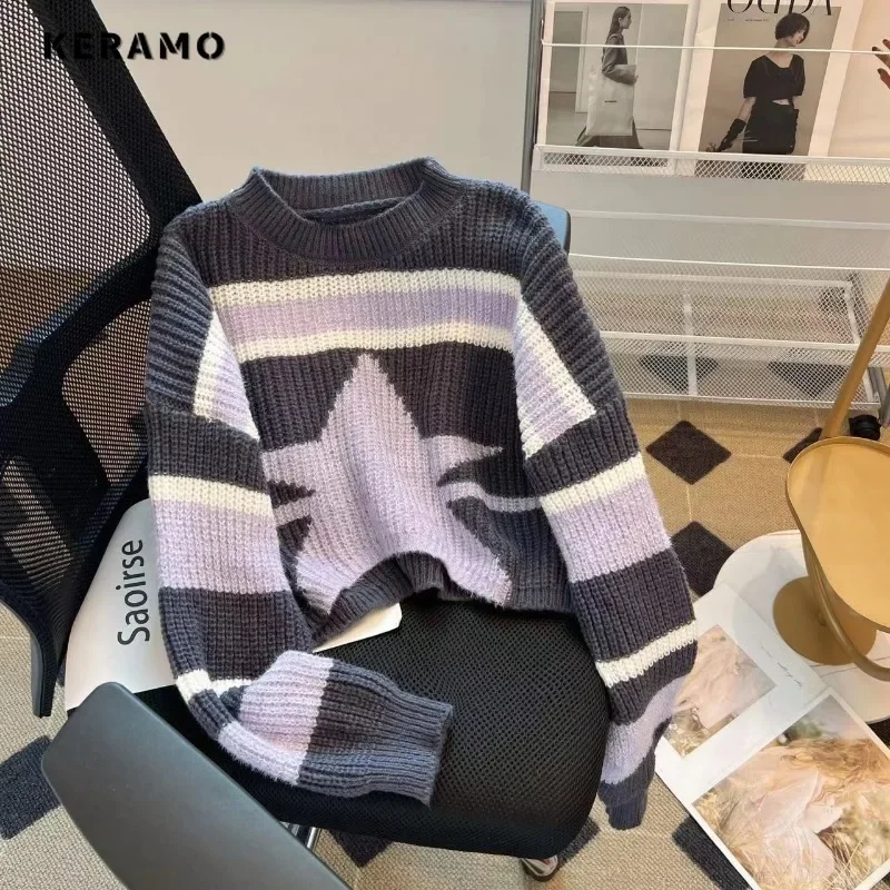 

Women's Vintage Knitting Long Sleeve Casual Pullovers 2023 Winter Round Neck Striped Ladies Loose Female Fashion Sweater Top