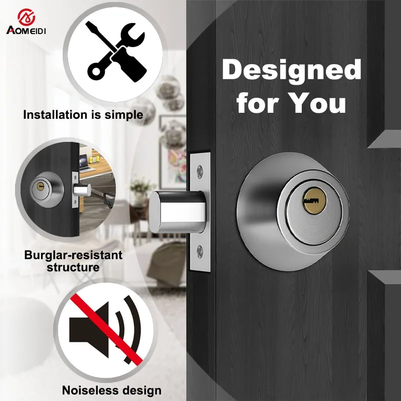 304 Stainless Steel Anti-theft Door Lock Three keys pure brass lock cylinder durable and rust-proof adjustable deadbolt