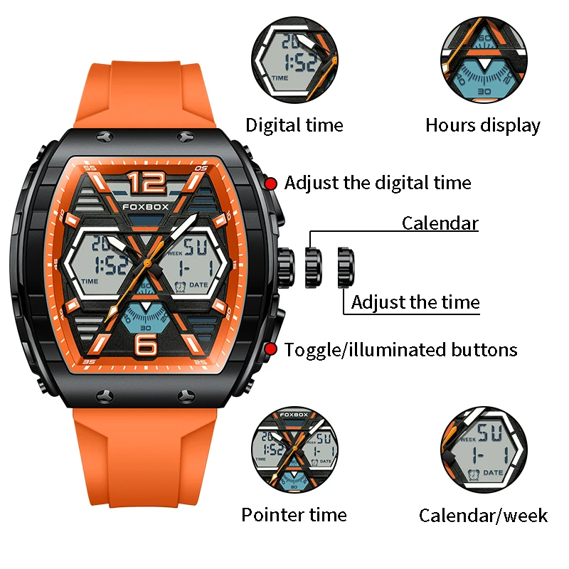 2023 FOXBOX Casual Sport Men's Watch Digital Alarm Man Clock  Silicone Waterproof Luminous Dual Display Men Quartz Wristwatches
