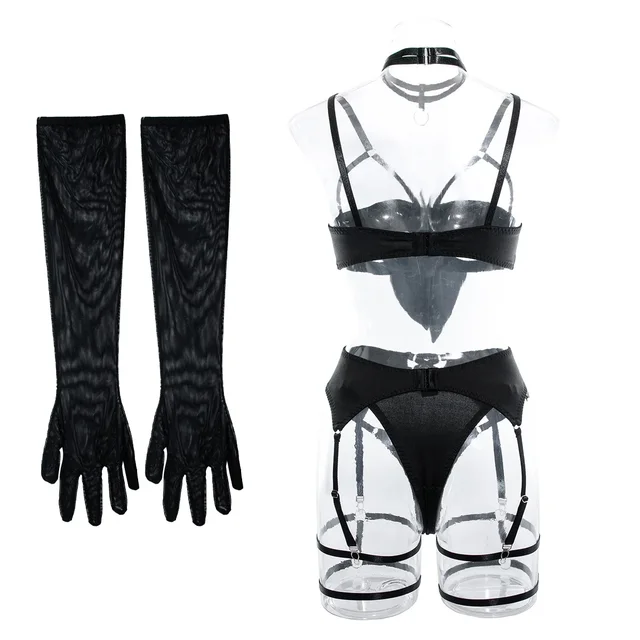 Cut Out Bow Lingerie Set with Garter and Gloves 11