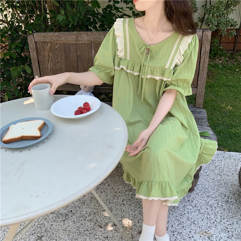 Green Summer Nightgown Women Lace Ruffles V-Neck Short Sleeve Long Sleepwear Loose Casual Cotton Night Dress Kawaii Striped
