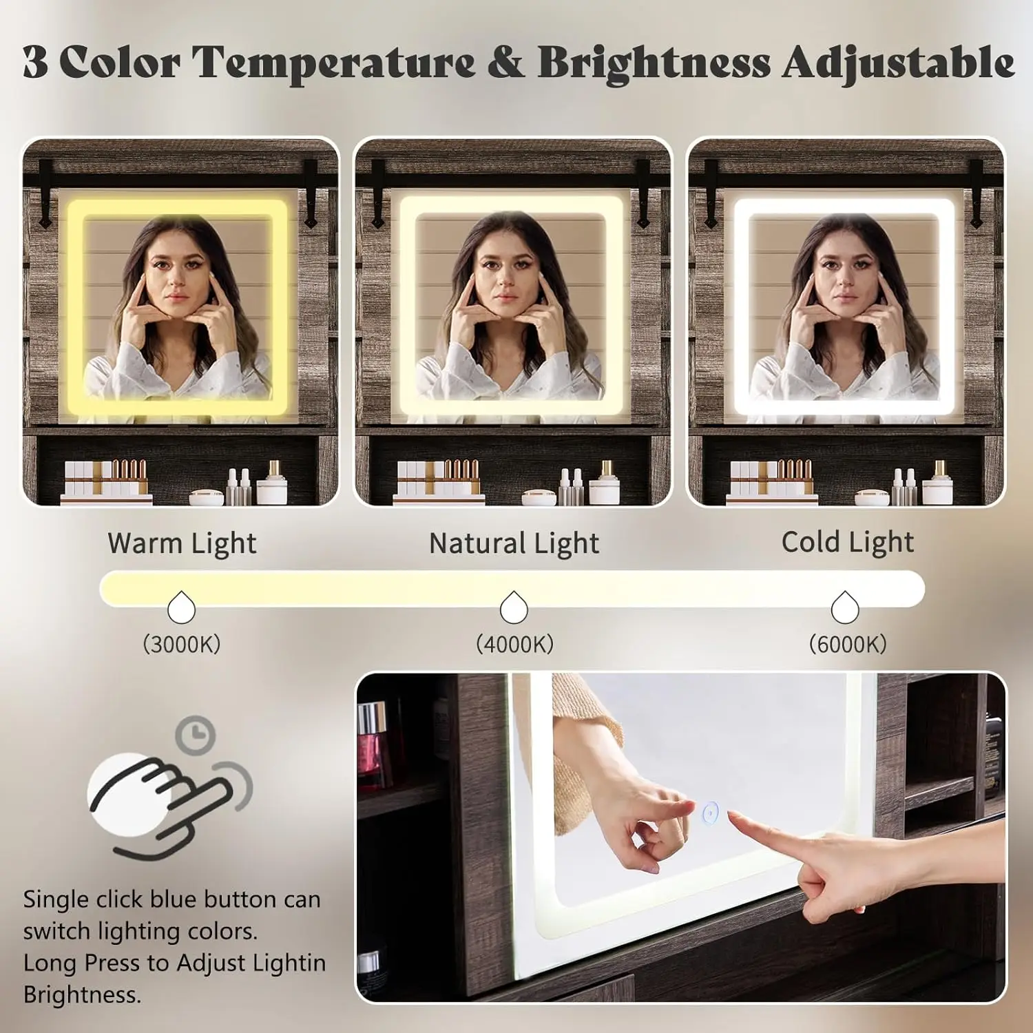 42'' Farmhouse Makeup Vanity Desk with Sliding Mirror and Lights, Glass Tabletop Vanity Table with 2 Drawers & Shelves