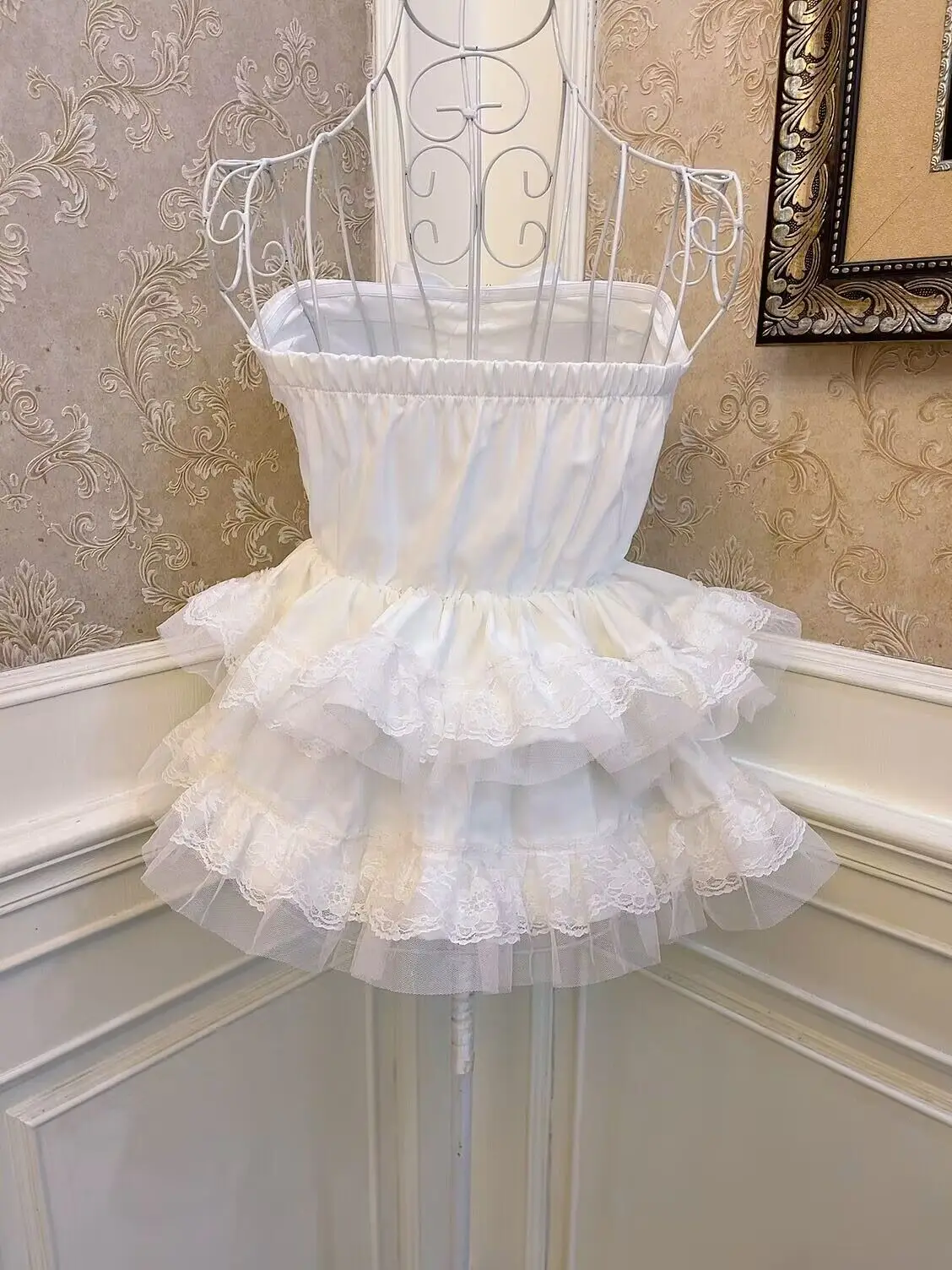 Lolita Sweet Bow Love Diamond Puffy Cake Princess Tops 2024 Summer New Fashion Lace Ruffled High Waist Slim-Fit Short Top Women