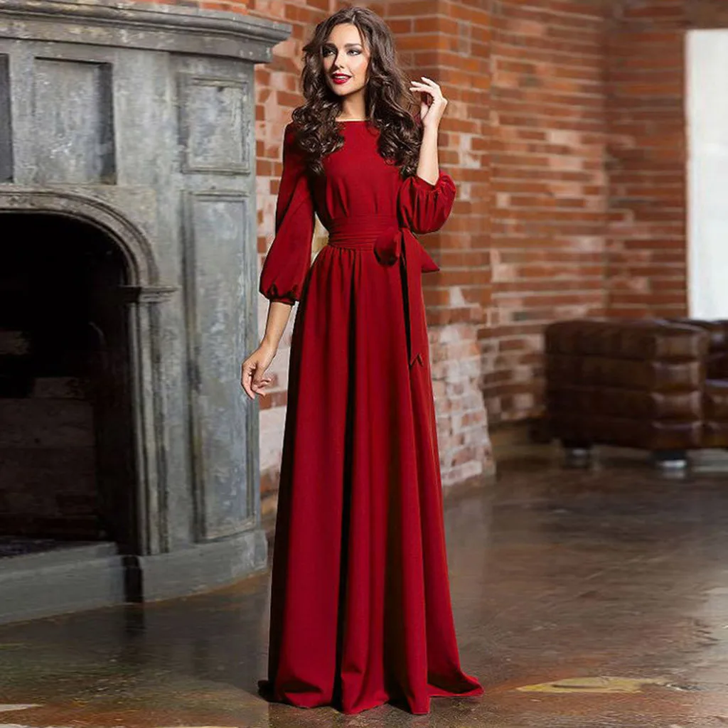 

Elegant Vintage Bohemian Dress For Women Autumn Casual Loose Women's O Neck Long Sleeve Belt A Line Long Dresses Robe Femme