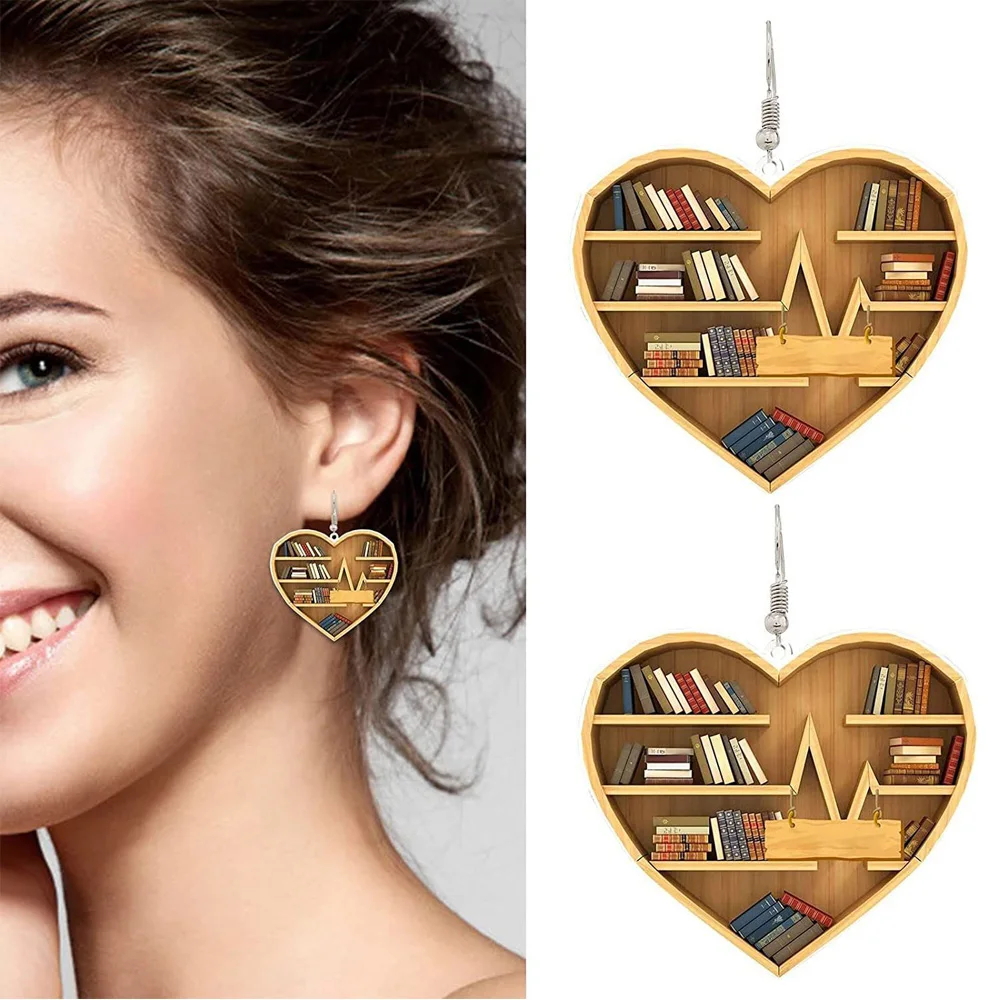 2023 New Fashion Book Lovers Heart Librarian Earring Gift for Girl Lover Heart Librarian Cute Pendant Earrings Acrylic Earrings