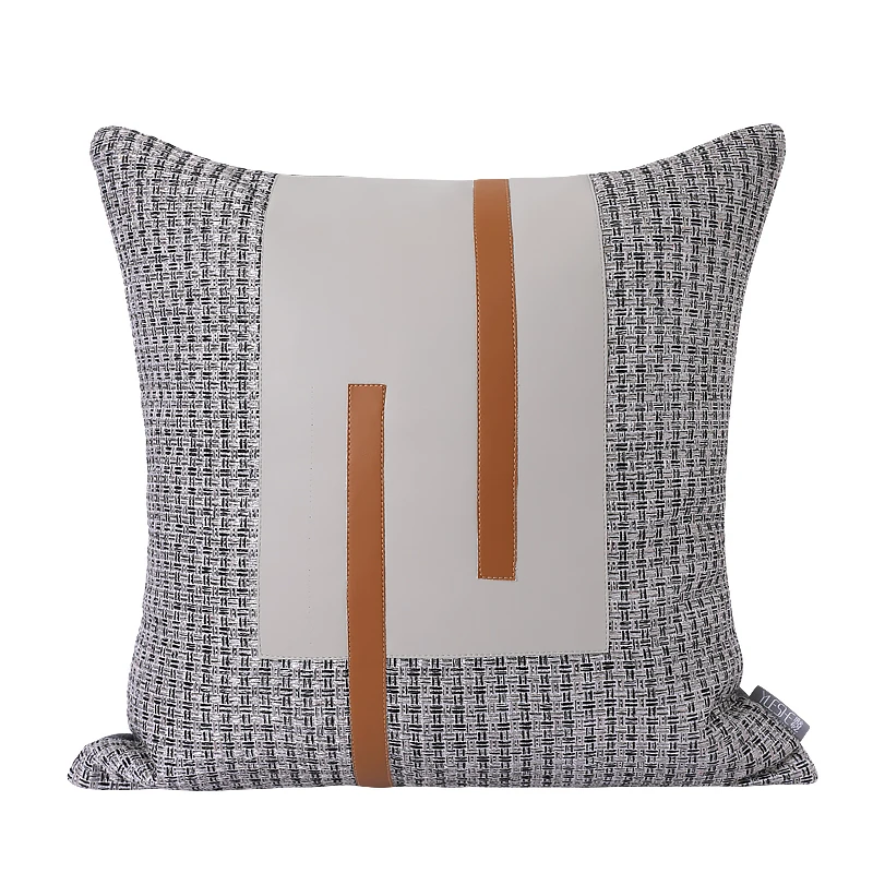 Modern light luxury model room orange gray leather stitching cotton jacquard pillow sofa pillow living room square pillow 5