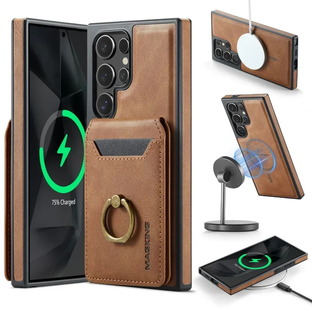 Detachable Magnetic Leather Wallet with Card Holder and Ring Cover