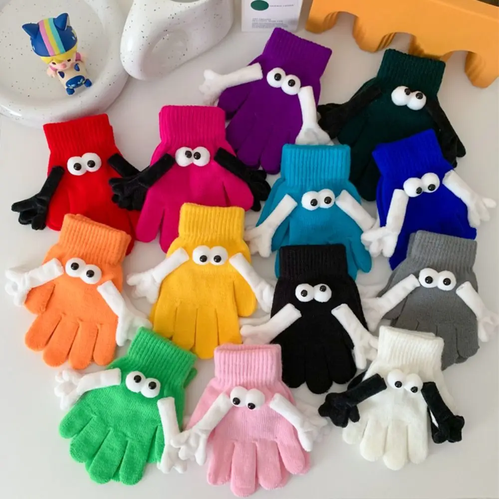 Big Eyed Doll Hand in Hand Magnetic Knitted Gloves Touch Screen Open Fingered Student Magnetic Knitted Gloves Funny Warm