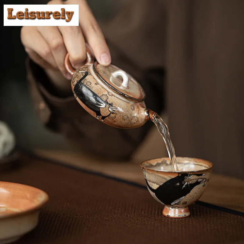 80ml Kiln Transformation Zhiye Cat Stone Pot Hand-painted Silver Lid Mini Pot Brewing Tea Ball Hole Filter Kettle Gongfu Teaware