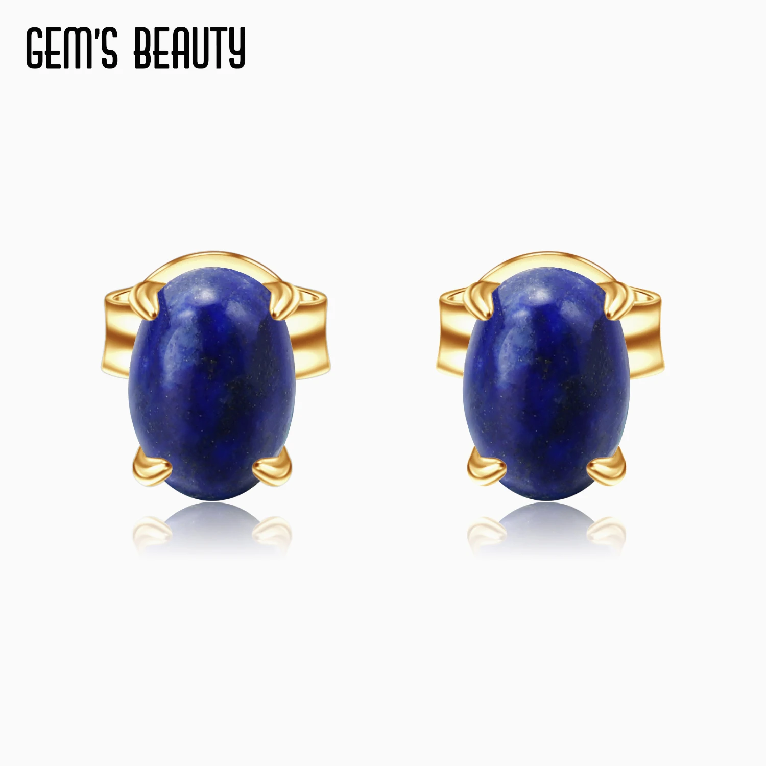 

GEM'S BEAUTY 925 Sterling Silver 18K Gold Filled Studs Earring Natural Oval Lapis Lazuli Handmade Earring For Women Gift