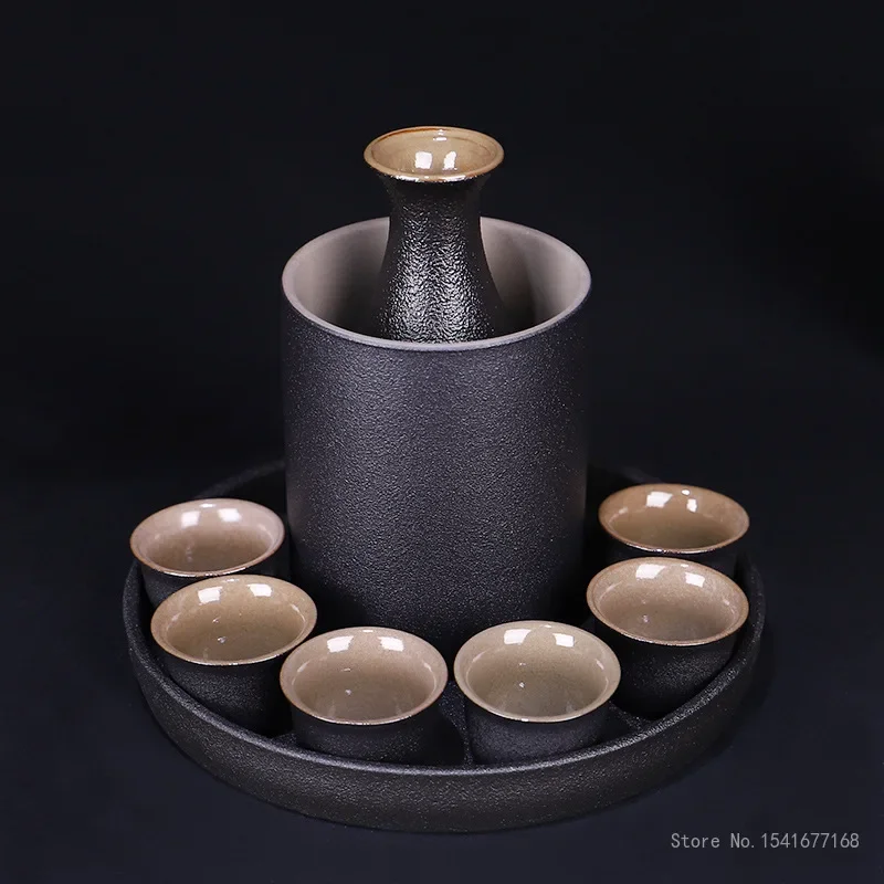Japanese Style Ceramic Sake Pot Cup Set, Home Meal Supplies, Black Pottery Liquor Flask, Wine Bottle Cups Tray, 9Pcs Set