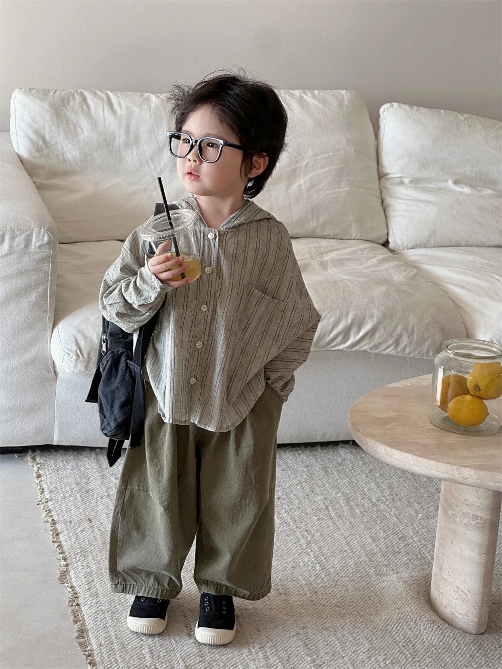 Children Linen Spring and Autumn Striped Shirt Boys and Girls Hooded Top Children Breathable Lightweight Cardigan