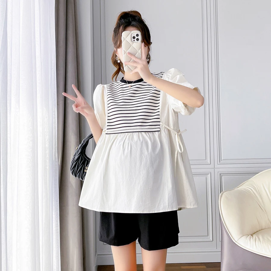 Korean Style Striped Patchwork O-Neck Puff Sleeve Maternity Shirts Loose Fashion Pregnant Woman Blouse Pregnancy Cotton Top Tees