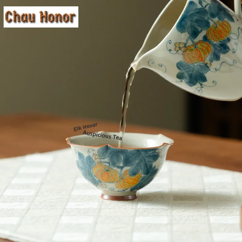 90ml Hand-painted Pumpkin Teacup Aesthetic Tea Bowl Mug Tea-tasting Smelling Cup Jianzhan Master Cups Household Teaware Supplies