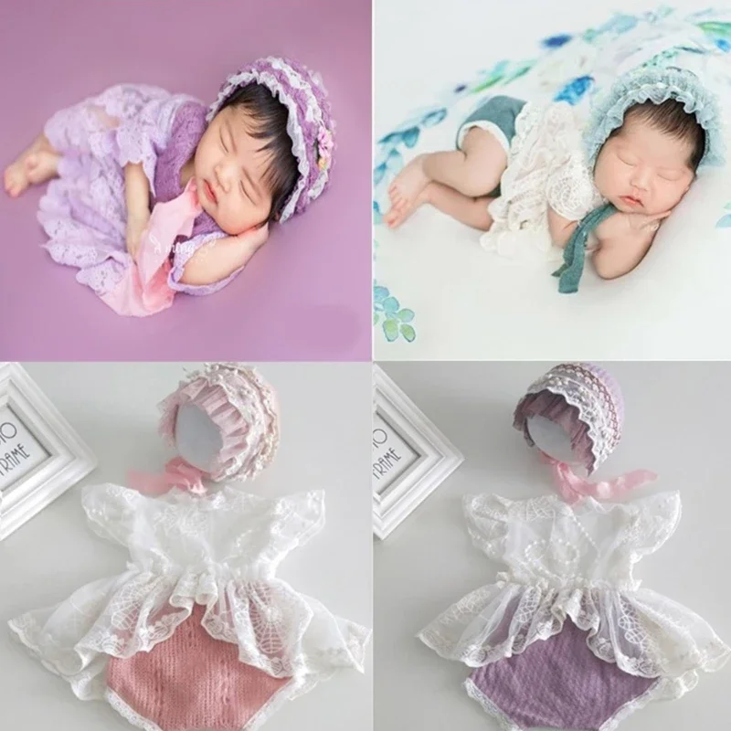 

Newborn Photoshoots Set Lace Romper Dress & Bonnet Hat Photo Posing Props Photo Costume Infant Photography Outfit 2PCS