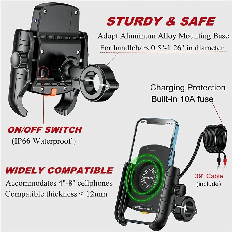 Wireless Charger Motorcycle Phone Holder  Moto Motorbike Mirror Mobile Stand Support USB Fast Charging Cellphone Handlebar Mount