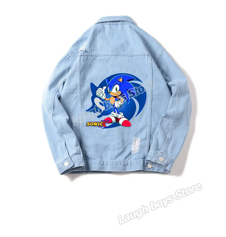 thumbnail image 1 of Chaqueta de mezclilla Sonics con figuras de juego, chaquetas de mezclilla con agujeros rotos, estilo retro americano de primavera y otoño, moda de tela, blusas con cuello vuelto, 1 of 5