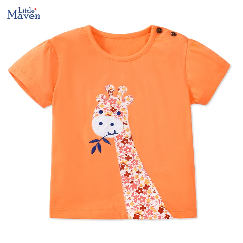 Kleine Maven 2024 Baby Meisjes Tops T-Shirts Appliqueert Kinderkleding Oranje T-Shirts Zomer Cartoon Giraf Kinderkleding