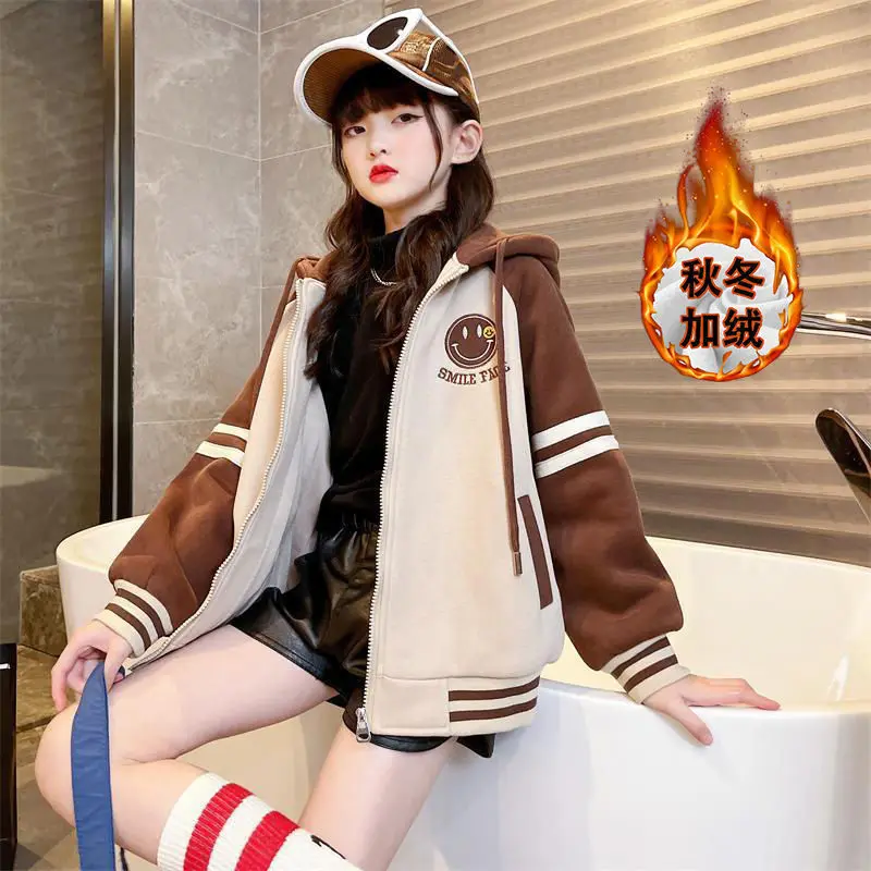 

New Autumn Winter Sweatshirt Hoodie Kids Smile Teens Zipper Child plus Velvet Girls Clothes Fashion Trend Striped Jacker Coat