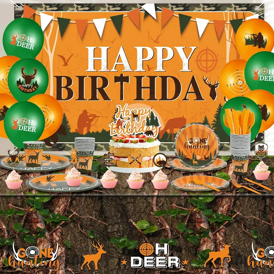 Gone Hunting Birthday Banner – Camo Deer Theme Party Decor