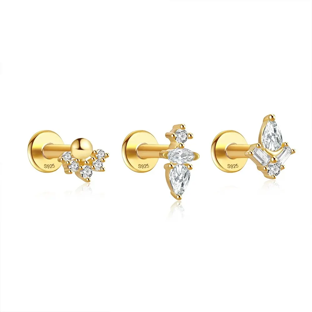 

MC S925 Sterling Silver Clear Gem Flat Threaded Stud Earring Piercing Pendientes Helix Earrings For Women Ear Bone Jewelry Gifts
