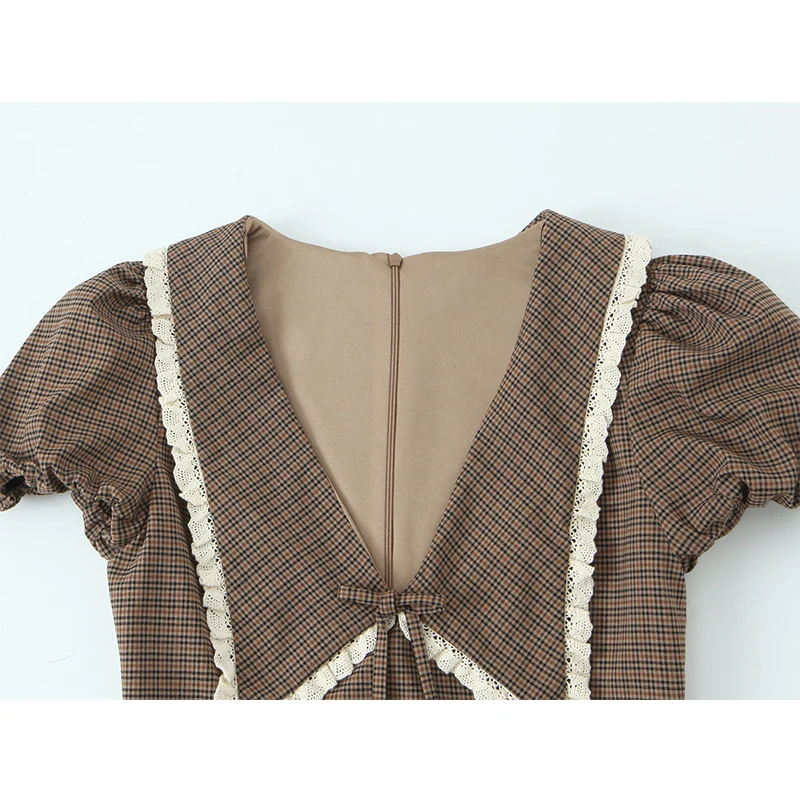 Women Fashion Plaid Short Dress 2025 Summer Autumn New Short Sleeve Deep V neck Mini Dress Holiday Casual Dresses