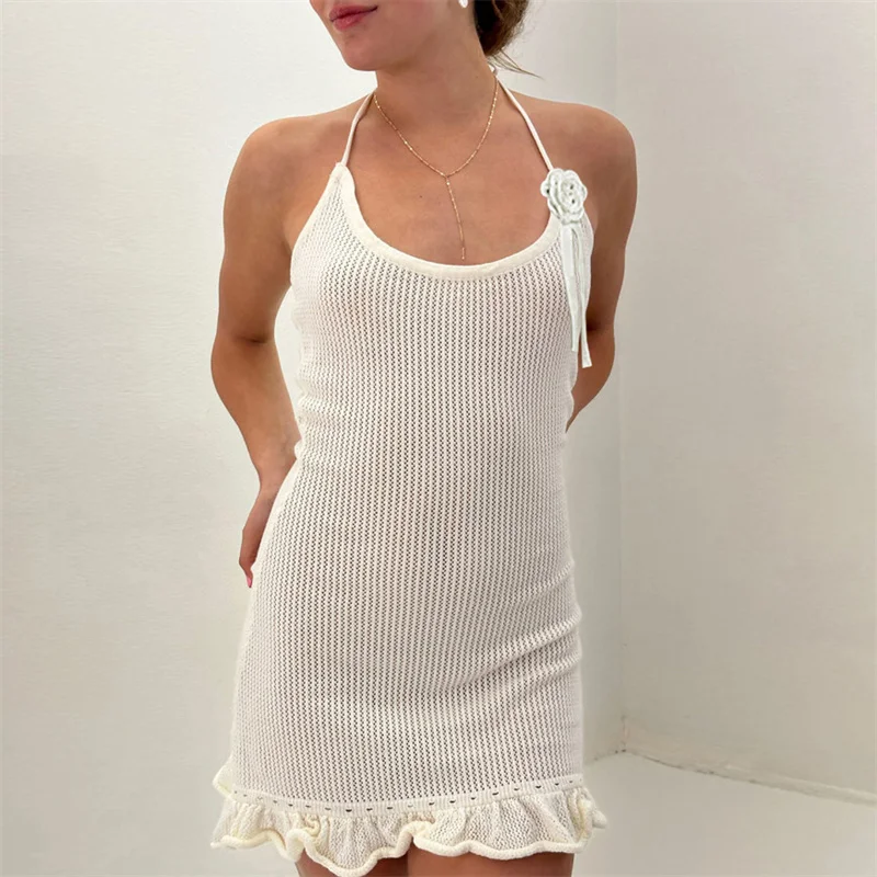 Halter Dress y2k Clothes Women Summer Solid Color Sleeveless Knitted Bodycon Dress with 3D Flower Beach Party Dresses