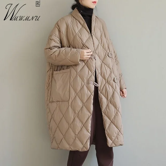 여성용 오버사이즈 S-8xl 우아한 겨울 파카, 루즈 V넥 롱 다운 코트, 빈티지 디자인 코튼 재킷, 스노우 웜 퍼피 차케타