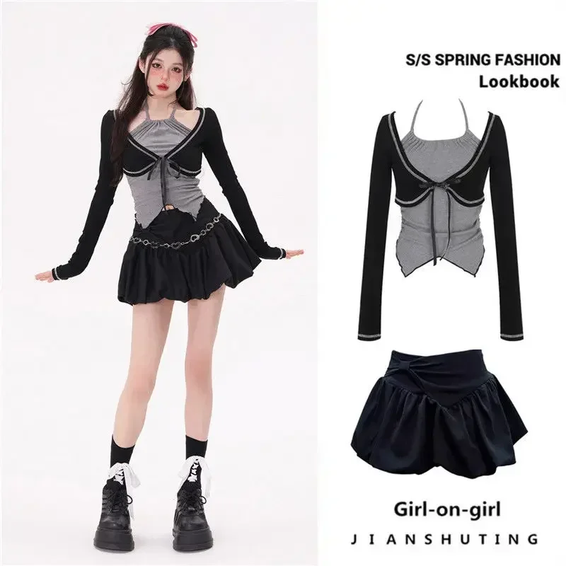 

Ins Sweet CoolLong-sleeved T-shirt Women's Fake Two-piece Tops Hot Girl Bowknot Short Skirt Tutu Skirt Suit Long Sleeve Top