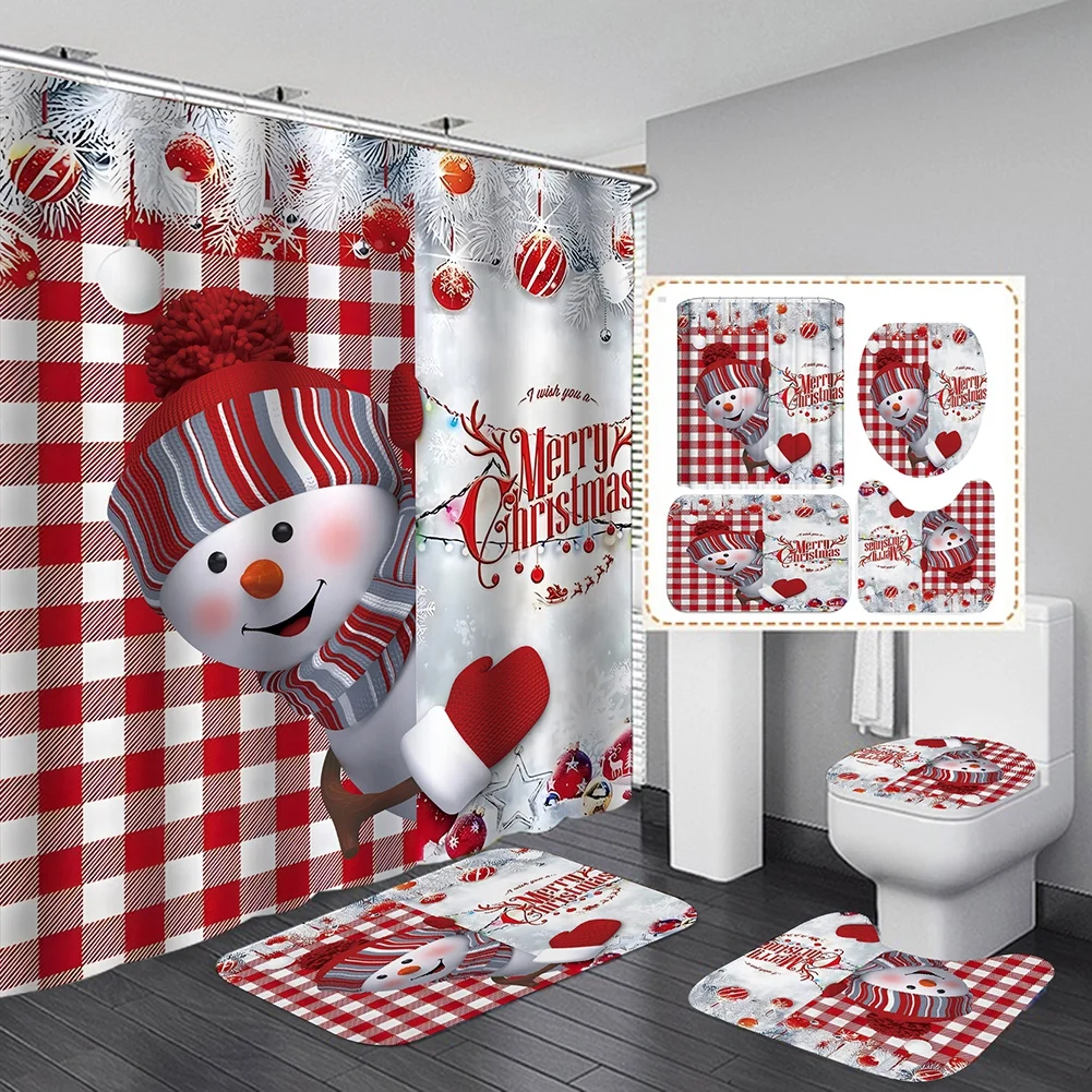 Christmas Shower Curtains Sets Funny Anime Shower Partition Shower Curtain Bathroom Non-Slip Bath Mat Toilet Cover Waterproof