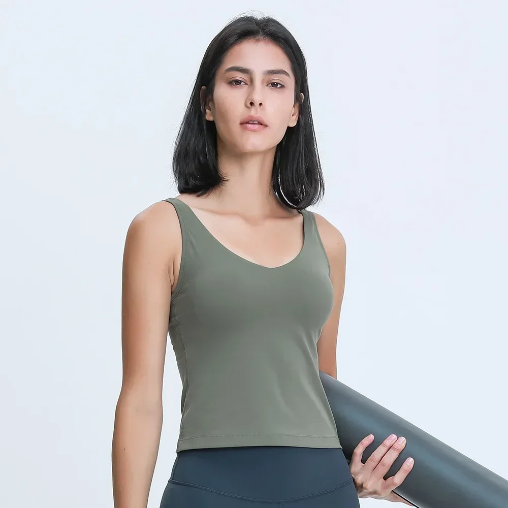 Women's Waist-Length Tank Top Deep V-neck 4-way Stretch Sweat-wicking Yoga Shirt With Removable Cups U-Back Workout  Gym Vest 3